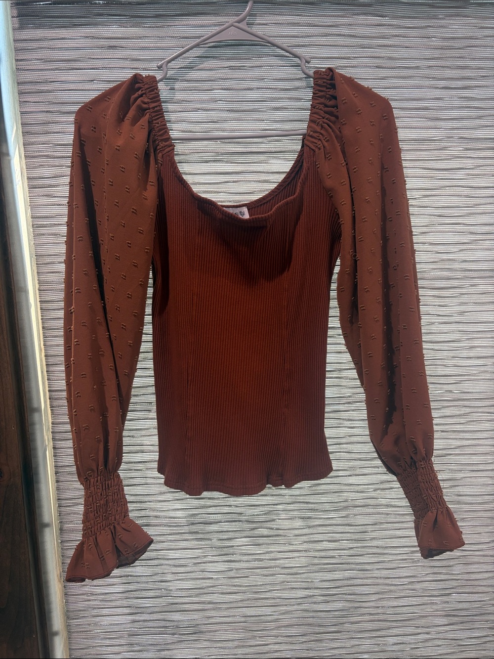 Ribbed Square-Neck Long Sleeve Top in Chocolate Brown